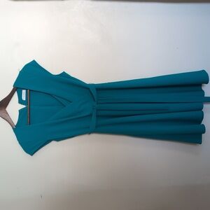 New Calvin Klein Solid Fit & Flare Sleeveless Belted Dress Green/Blue Size 6